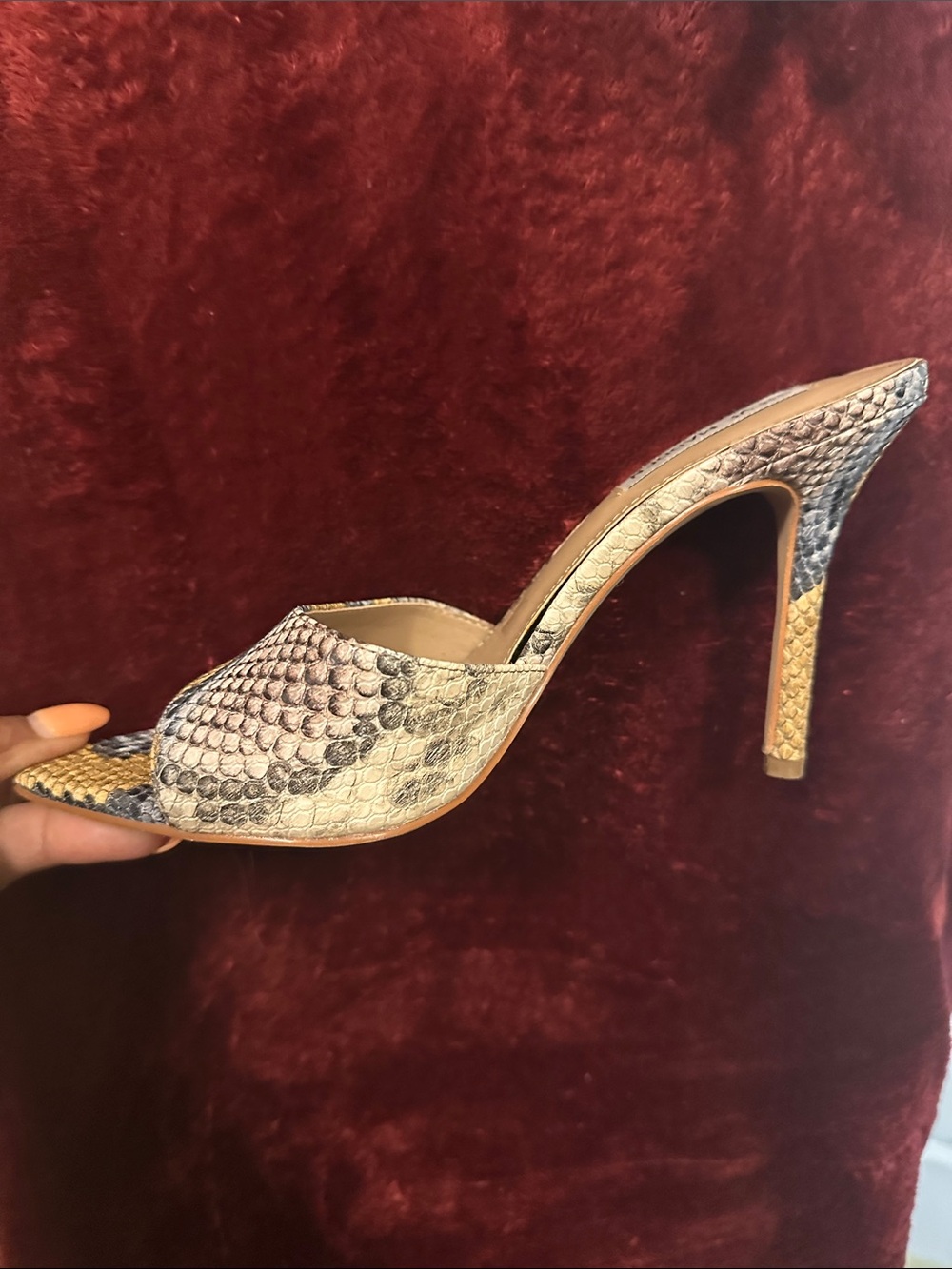 Steve Madden Snake-Embossed Peep-Toe Mule in Beige and Gray